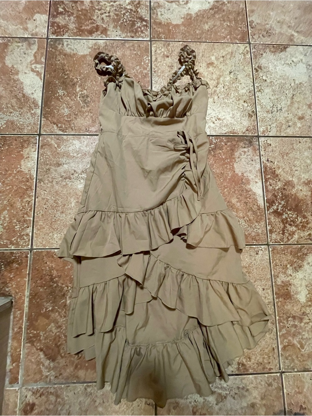 Beige Ruffle Tiered Smocked Maxi Dress: Square Neck, Spaghetti Straps, 0XL